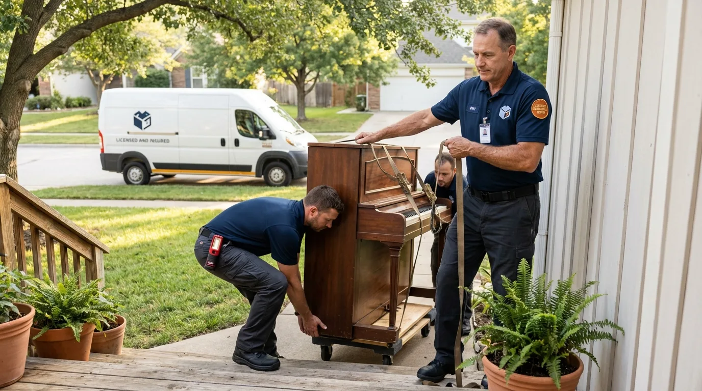 Licensed piano movers securing grand piano in Shirley, MA