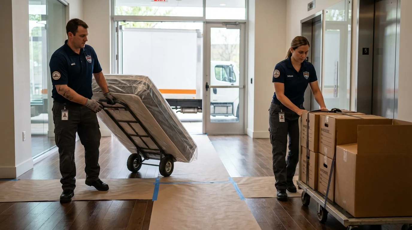 Professional apartment movers loading elevator in Shirley, MA