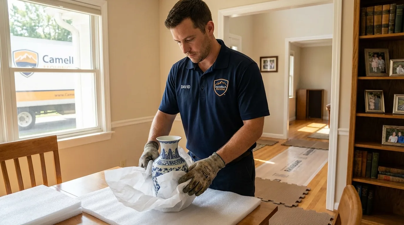Professional crew carefully wrapping antique vase for senior downsizing move in Shirley, MA